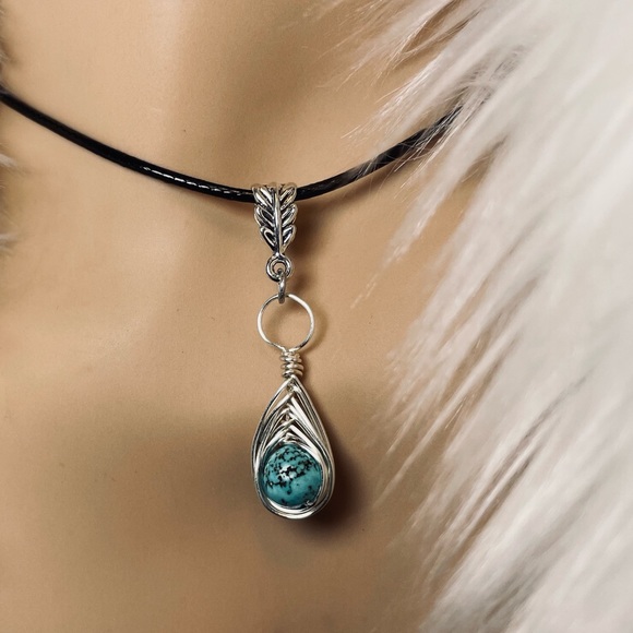 Artisan Jewelry - Genuine Turquoise Pendant Hand Wire Wrapped With Silver Pl Wire